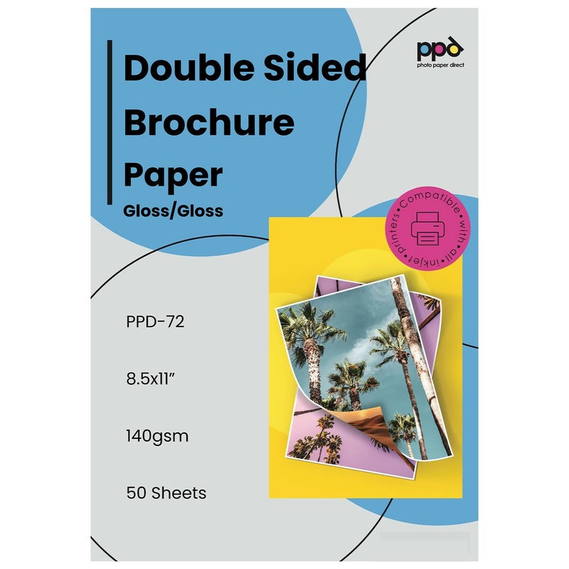 PPD Double Sided Photo Paper, Glossy Brochure Paper 8.5 x 11 for Inkjet Printer, 140 gsm, 6.2 mil Thick for Magazine, Flyer, Presentation, Program, Instant Dry & Water Resistant (50 Sheets) - Image 1